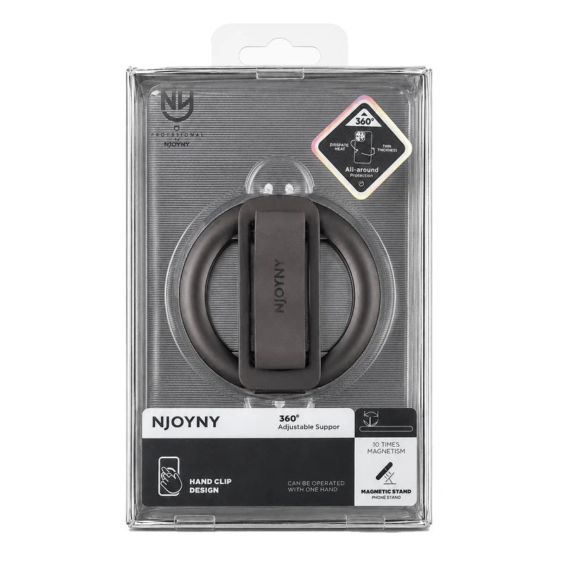 Suporte Magnético de Anel NJOYNY NY-189 360° MagSafe Ultrafino com Alça Hand Clip e Dissipação Térmica para Smartphone