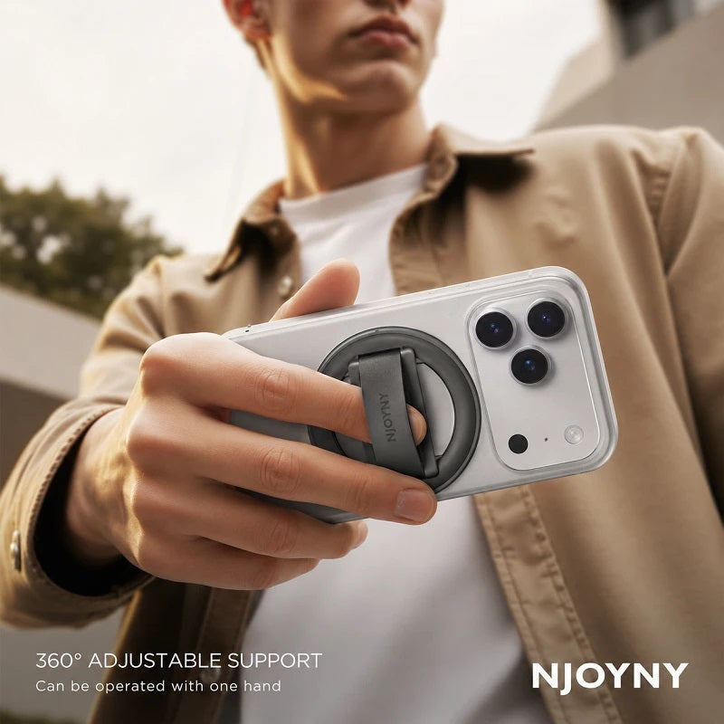 Suporte Magnético de Anel NJOYNY NY-189 360° MagSafe Ultrafino com Alça Hand Clip e Dissipação Térmica para Smartphone