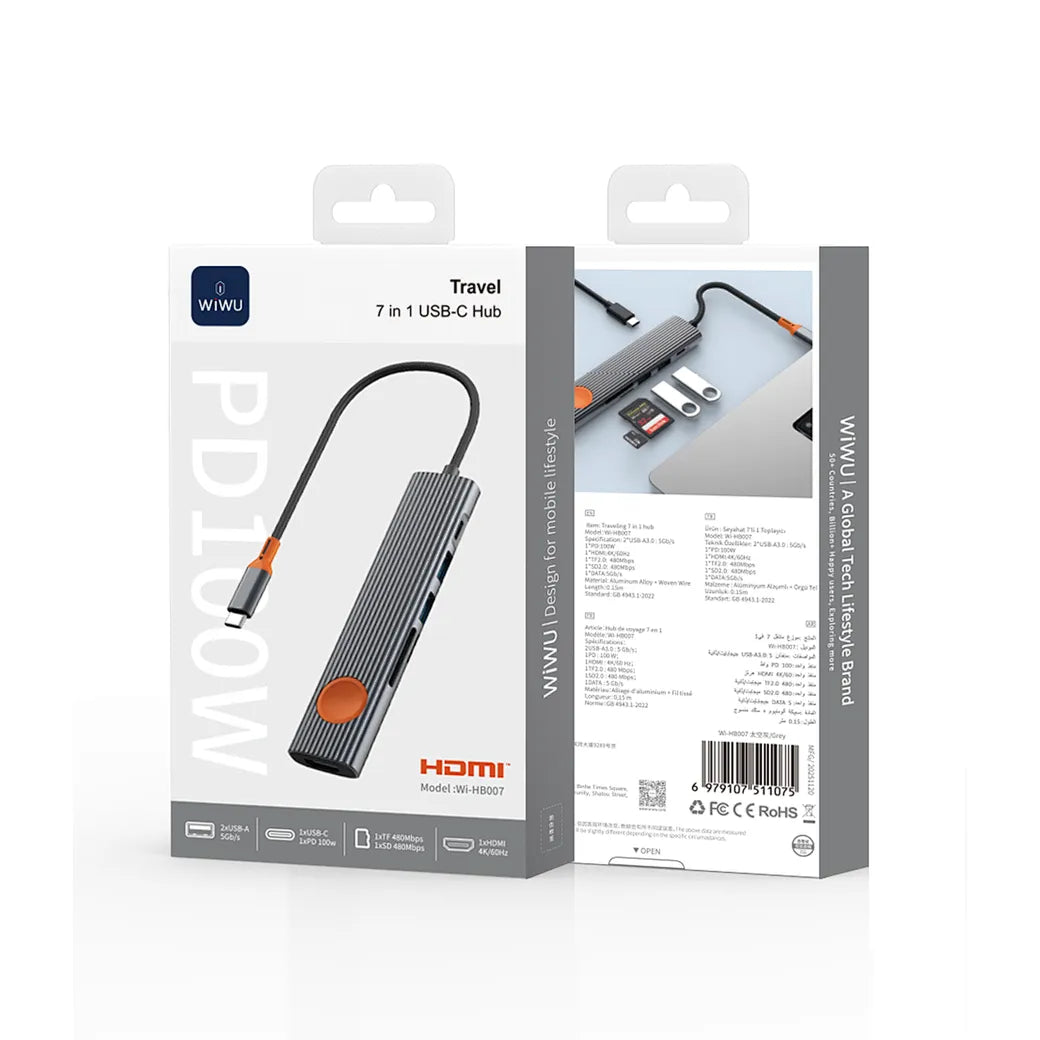 Hub USB-C WiWU Travel 7-em-1 WI-HB007 | Carregamento PD 100W, HDMI 4K e Botão de Privacidade "One-Touch Screen Off" em Alumínio