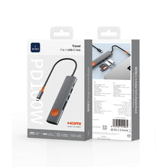 Hub USB-C WiWU Travel 7-em-1 WI-HB007 | Carregamento PD 100W, HDMI 4K e Botão de Privacidade "One-Touch Screen Off" em Alumínio