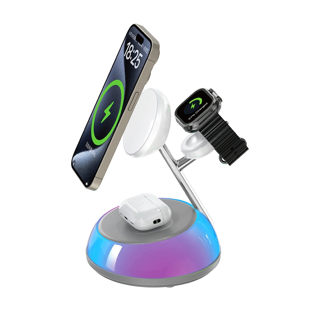 Carregador Sem Fios 3-em-1 WiWU Aurora Wi-W036 | Estação de Carga Magnética 15W para iPhone (MagSafe), Apple Watch e AirPods