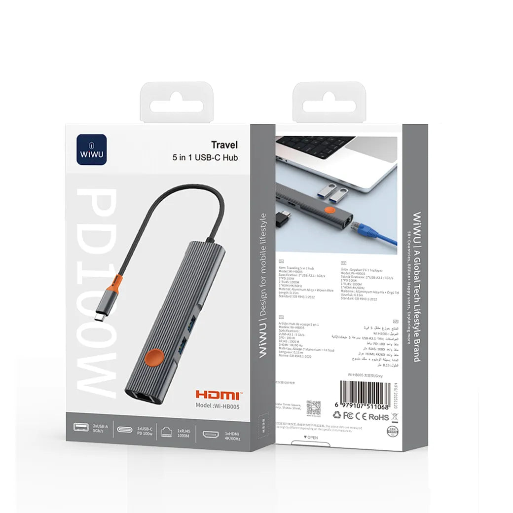 Hub USB-C WiWU Travel 5-em-1 WI-HB005 | Adaptador HDMI 4K, Dual USB 3.0 e Leitor de Cartões SD/TF em Liga de Alumínio