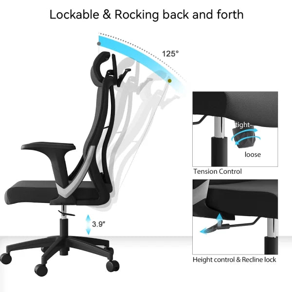 Cadeira de Escritório Ergonómica Nicole-H (Grey Frame) com Encosto Alto e Apoio de Cabeça 2D
