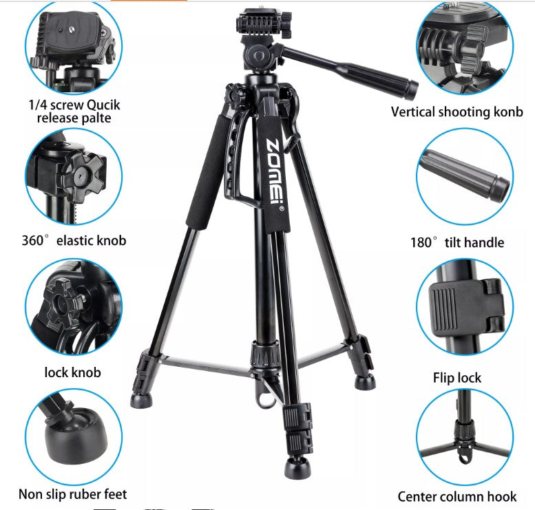 Tripé Fotográfico em Alumínio Zomei T1200 (Suporta até 4 kg / Altura Máx. 150 cm)