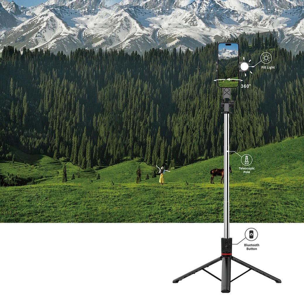 Bastão de Selfie e Tripé Profissional WiWU (Wi-SE015) | Comprimento Recorde de 180cm, Luz de Anel LED Integrada, Comando Bluetooth e Rotação Panorâmica 360°