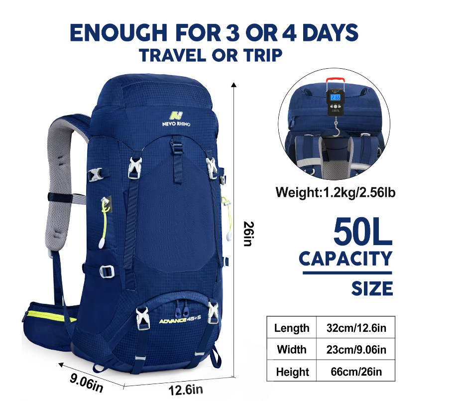 Mochila de Caminhada NEVO RHINO Advanced 45+5L | Estrutura Interna e Impermeável – Azul Marinho