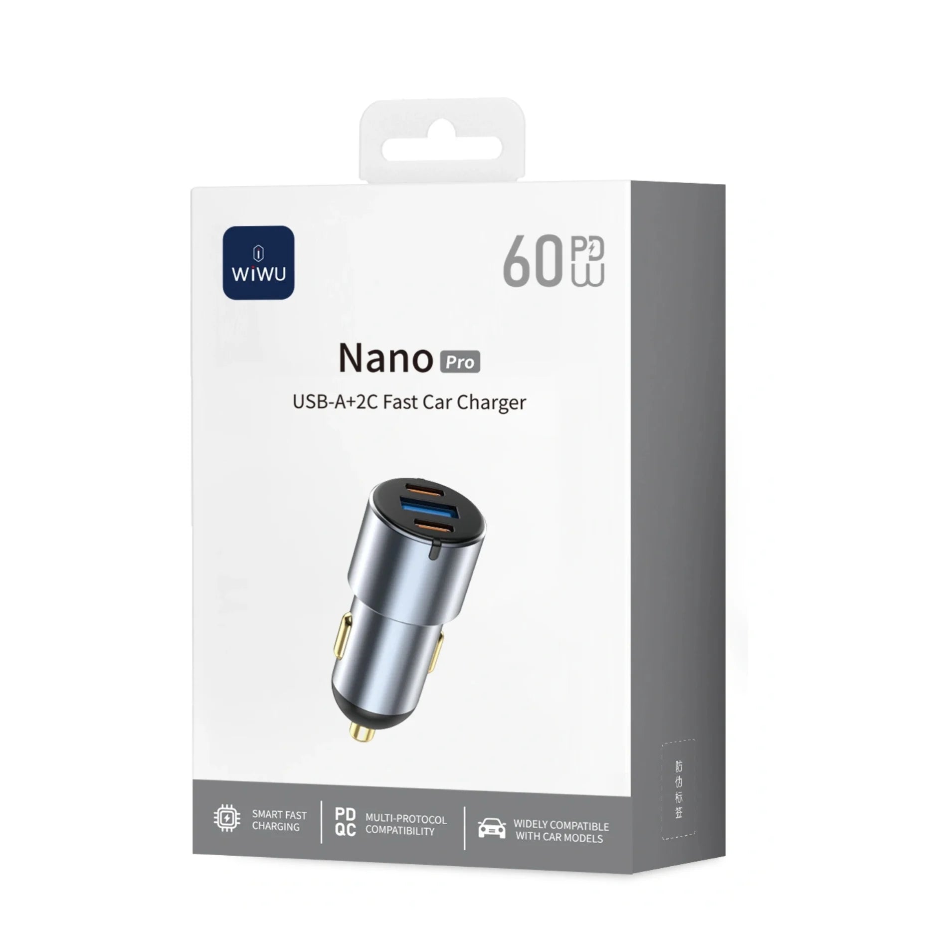 Carregador Automotivo WiWU Nano Pro 60W | Formato Ultra-Compacto em Alumínio – Tripla Saída (2x USB-C PD + 1x USB-A QC) com Tecnologia PPS