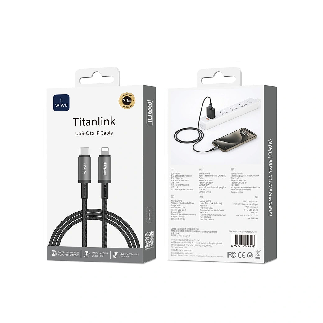 Cabo WiWU Titanlink WI-C056 USB-C para Lightning | Carregamento Ultra Rápido PD 27W e Dados – 1 Metro em Nylon Trançado e Liga de Zinco
