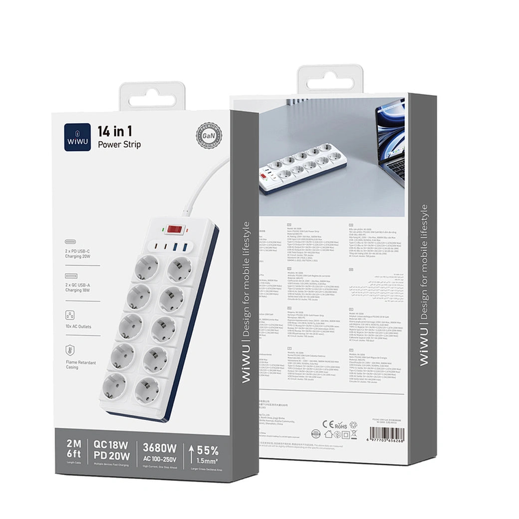 WiWU Wi-S008 PS1042 20W GaN 14-in-1 High Capacity Power Strip