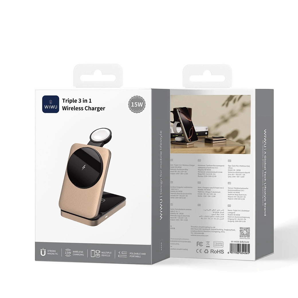 Carregador Sem Fios 3-em-1 WiWU Wi-W038 Triple Magnetic | Estação de Carga em Liga de Alumínio e Vidro Temperado para iPhone (MagSafe), Apple Watch e AirPods