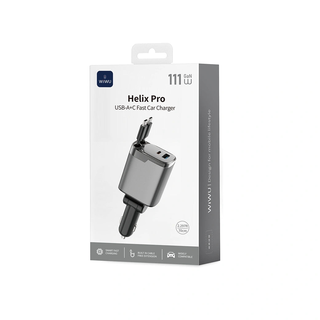 Carregador Automotivo WiWU Helix Pro GaN 111W | Tecnologia GaN III de Alta Eficiência – 1x USB-C PD + 1x USB-A QC em Liga de Alumínio