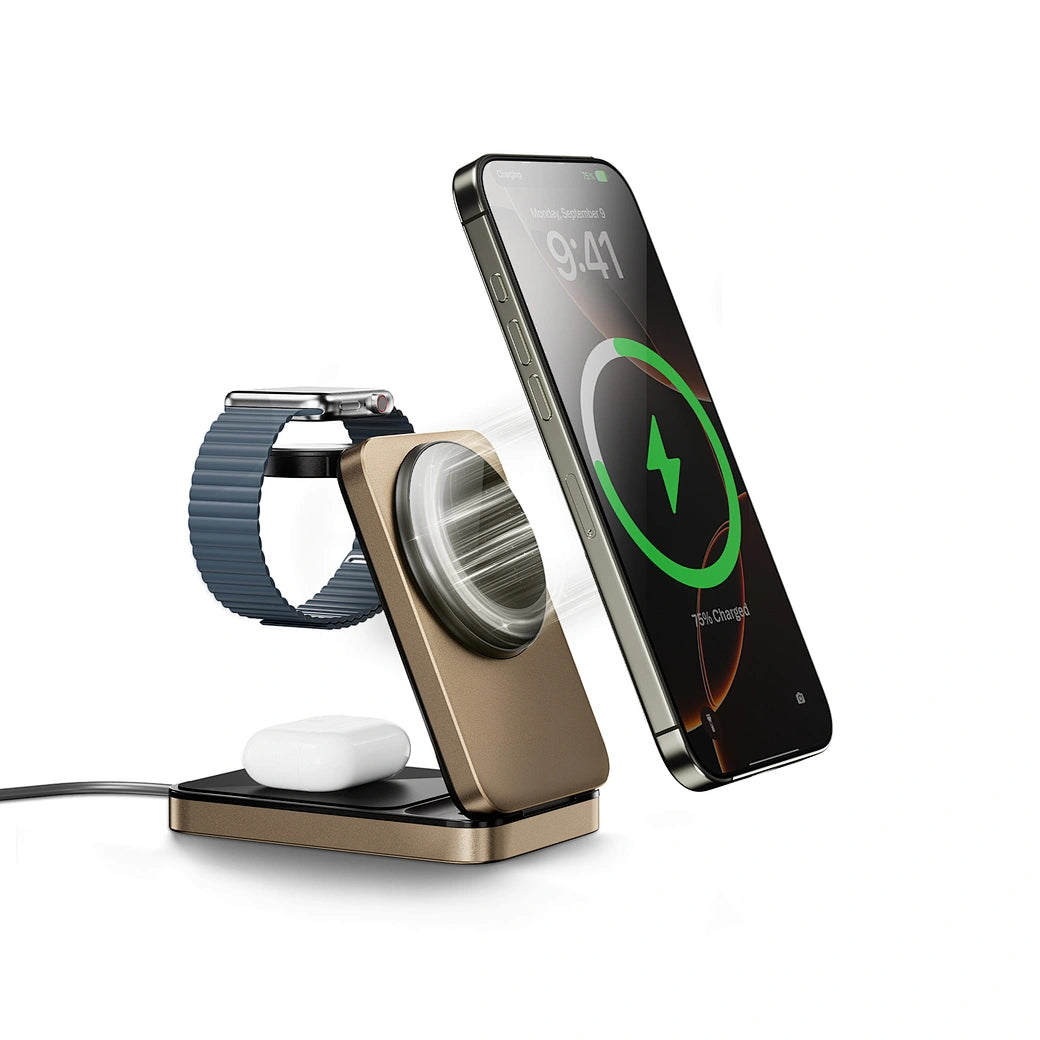 Carregador Sem Fios 3-em-1 WiWU Wi-W038 Triple Magnetic | Estação de Carga em Liga de Alumínio e Vidro Temperado para iPhone (MagSafe), Apple Watch e AirPods