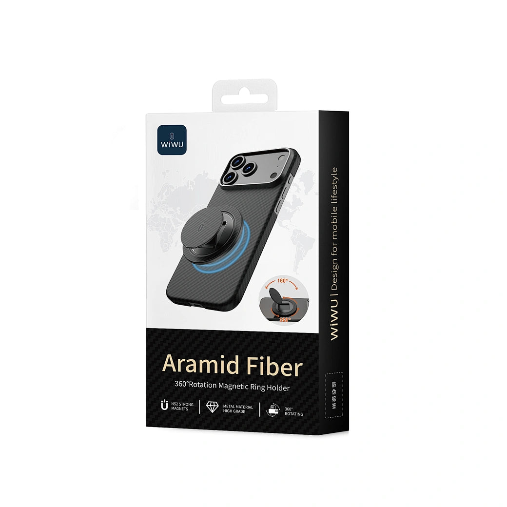 Anel Magnético WiWU Warriors Carbon MagSafe | Suporte Giratório 360° em Fibra de Aramida Genuína e Alumínio – Perfil Ultrafino de 4.8mm com Ímãs N52