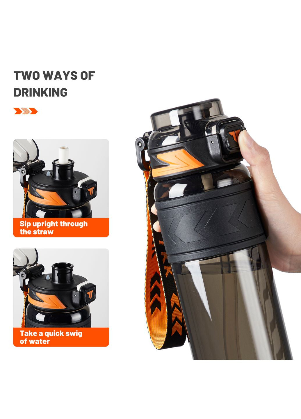 Garrafa de Água Tritan TKK-1020 | 1000ml com Canudo e Design Ergonómico – Orange & Black