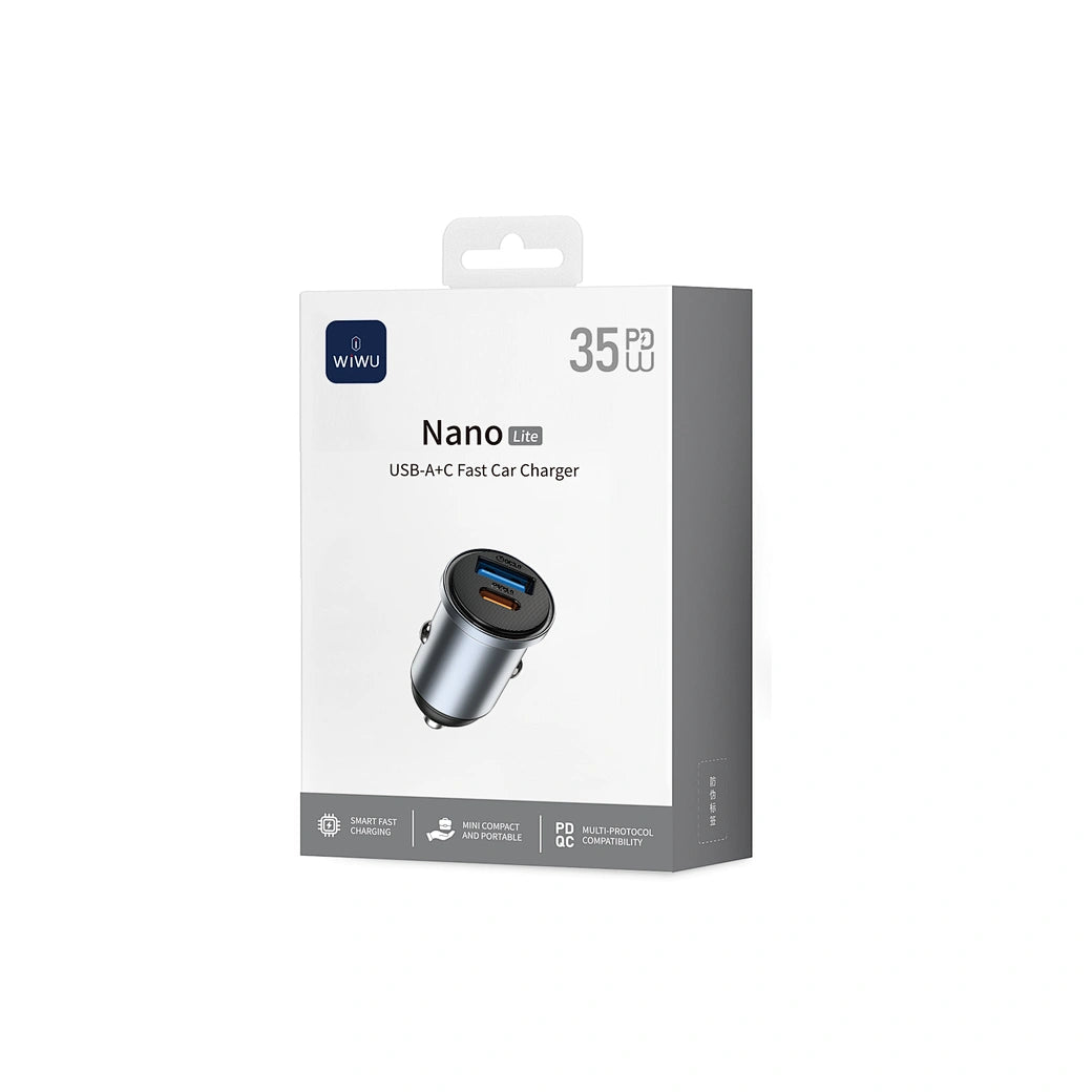 Carregador Automotivo WiWU Nano Lite 35W | Design Mini em Alumínio – Portas Dual USB-C PD + USB-A QC 3.0 com Tecnologia PPS