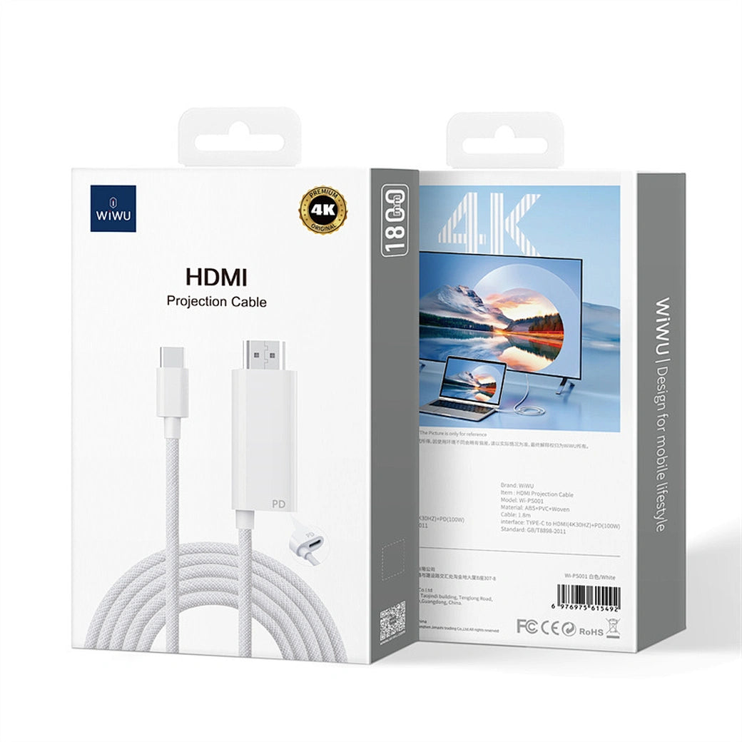 Cabo de Projeção WiWU WI-SP001 USB-C para HDMI | Resolução 4K @ 60Hz Ultra HD – Plug & Play para iPhone 15/16/17, MacBook e iPad
