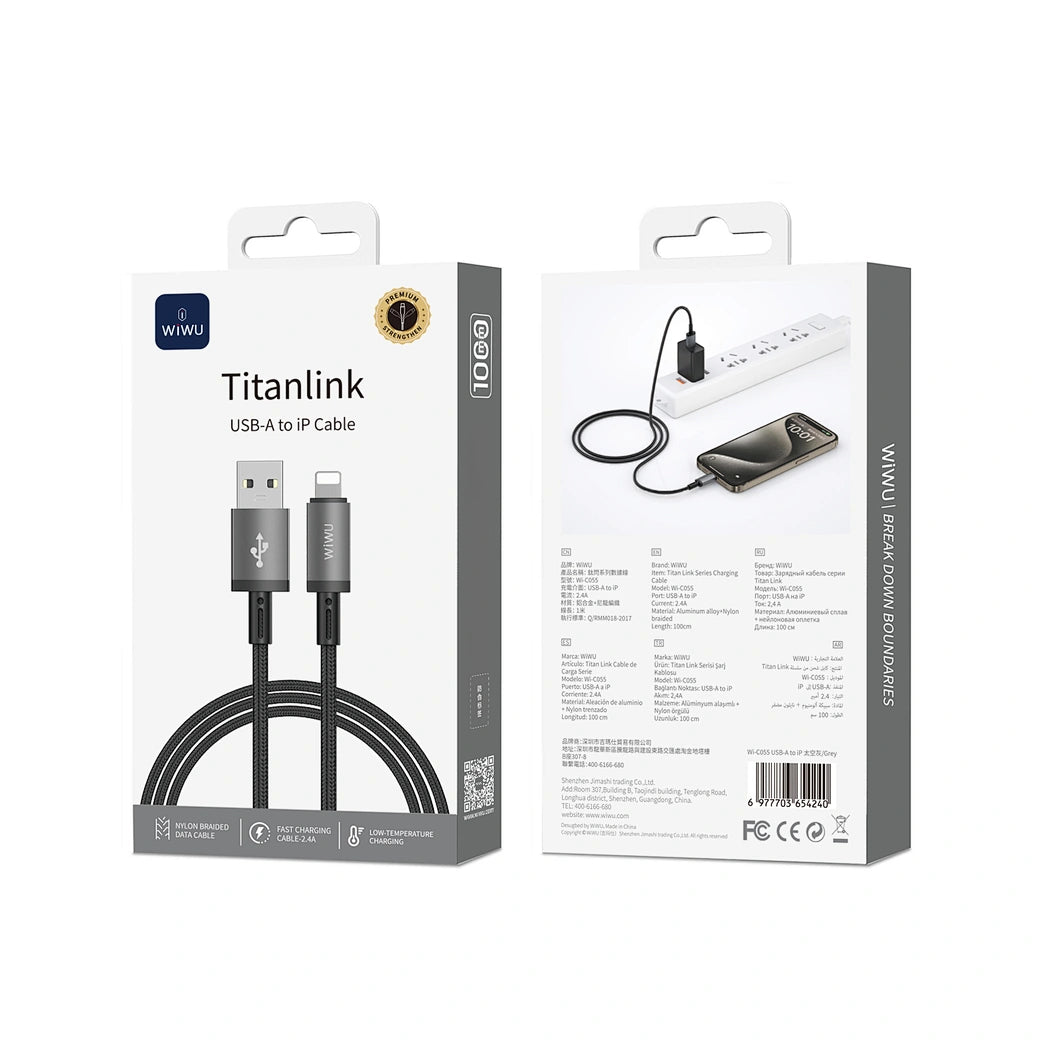 Cabo WiWU Titanlink Wi-C055 USB-A para Lightning | Carregamento Otimizado 2.4A e Dados 480Mbps – 1 Metro em Nylon Trançado Reforçado
