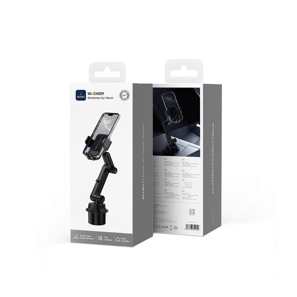 Suporte Automotivo WiWU Gentleman (WI-CH059) | Fixação Ultra Estável para Porta-Copos com Braço Articulado Dobrável e Rotação 360°
