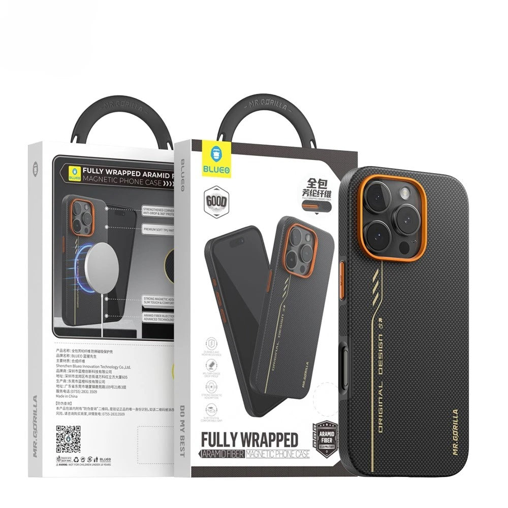 BL032 Capa Magnética de Aramida Preto e Laranja para iPhone 16 Pro Max