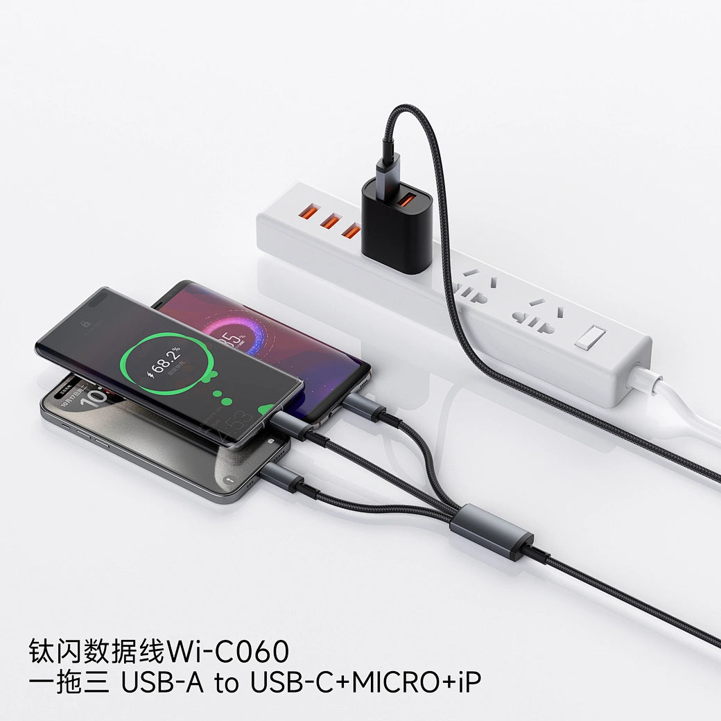 Cabo WiWU Titanlink WI-C059 3-em-1 | USB-C, Lightning e Micro-USB – Carregamento de 3.5A em Nylon Trançado e Liga de Alumínio