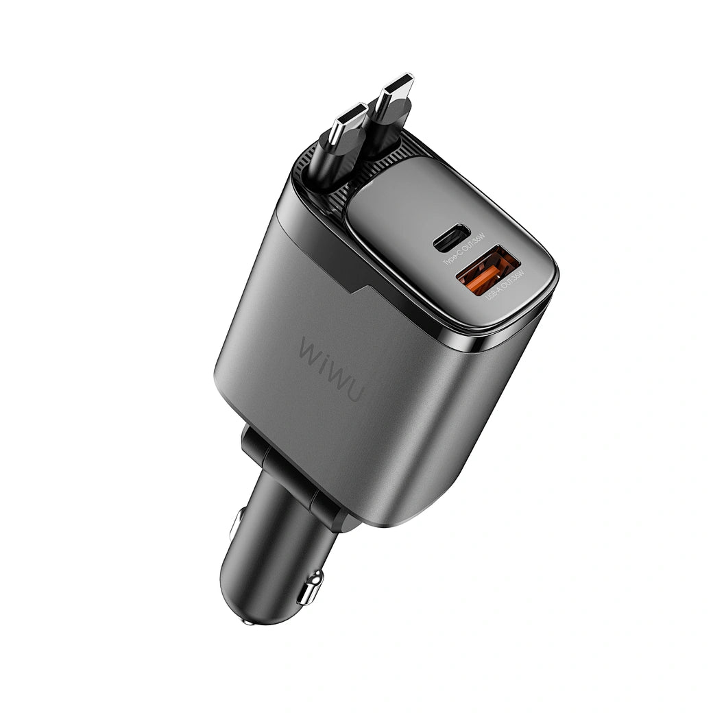 Carregador Automotivo WiWU Helix Pro GaN 111W | Tecnologia GaN III de Alta Eficiência – 1x USB-C PD + 1x USB-A QC em Liga de Alumínio
