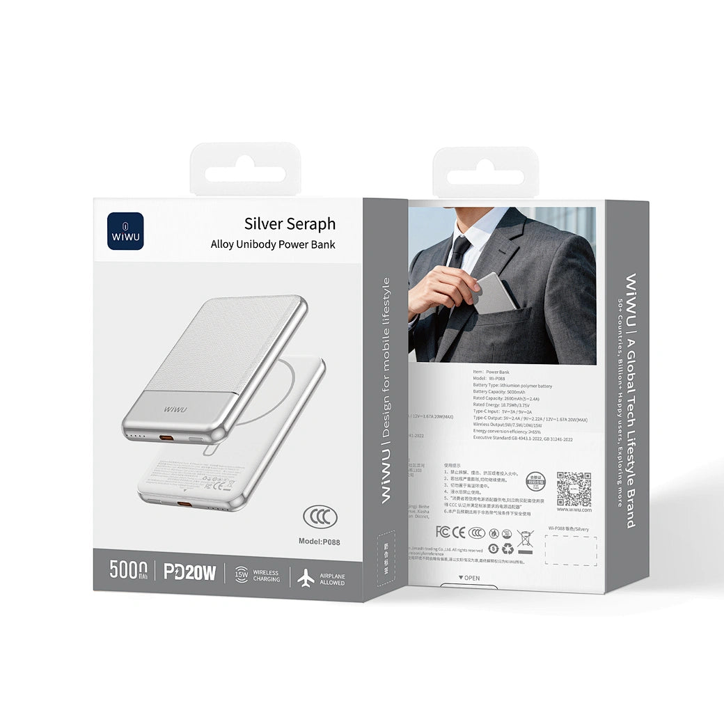 Power Bank WiWU Titanlink Silver Seraphy WI-P088 | 5.000mAh em Liga de Alumínio Aeroespacial – Ultra Slim com Carregamento Rápido PD 20W