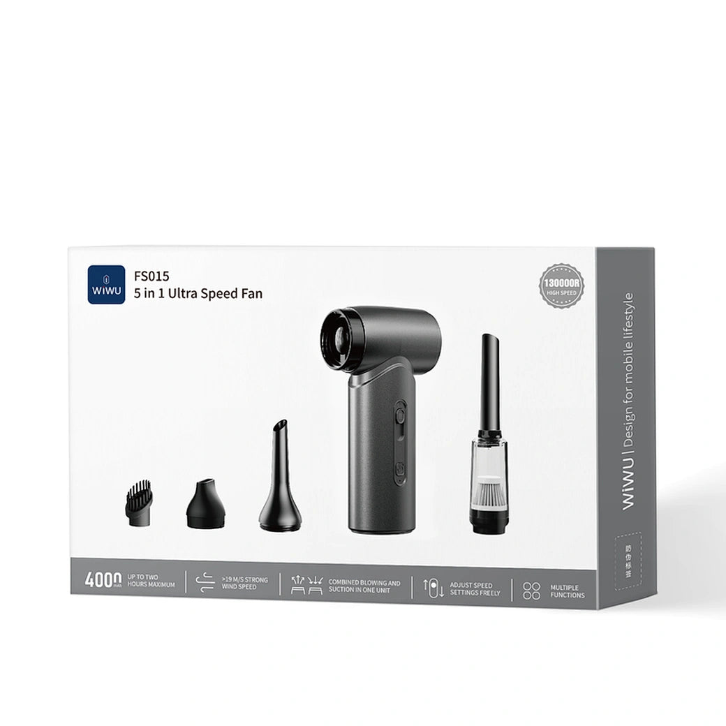 Ventilador de Mesa e Viagem WiWU Hurricane Ultra High Speed (Wi-FS015) | Motor Turbina de Alta Velocidade, Bateria de 4000mAh e Acabamento em Pintura Metálica