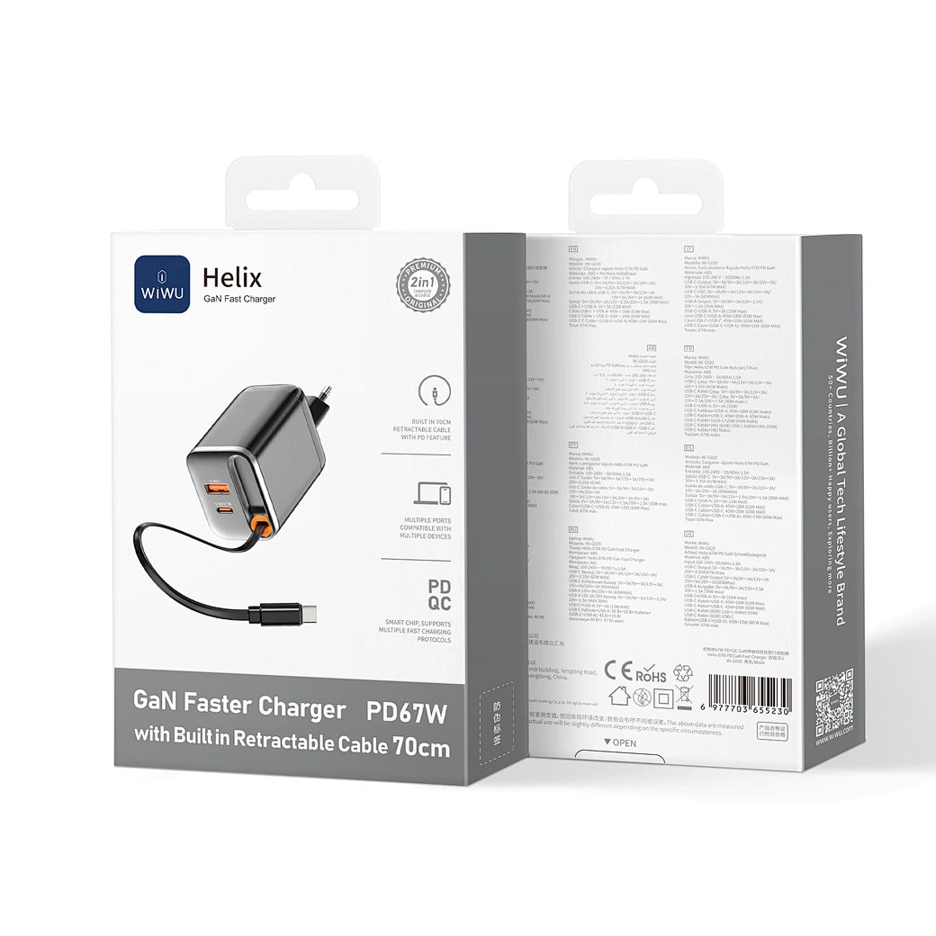 Wi-G020 – CARREGADOR DE CELULAR  Carregador WiWU Wi-G020 67W GaN com Cabo Type-C Retrátil