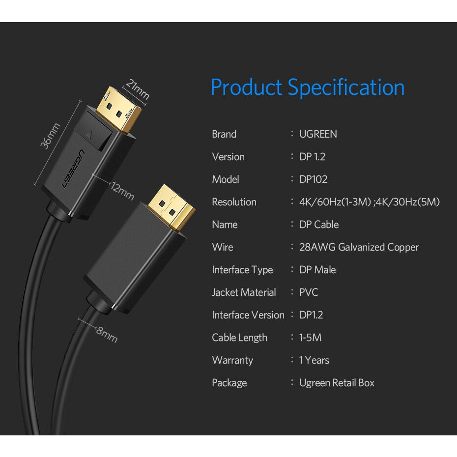 UGREEN 10244 – Cabo DisplayPort Macho para Macho 1 Metro (4K@60Hz, Alta Velocidade)