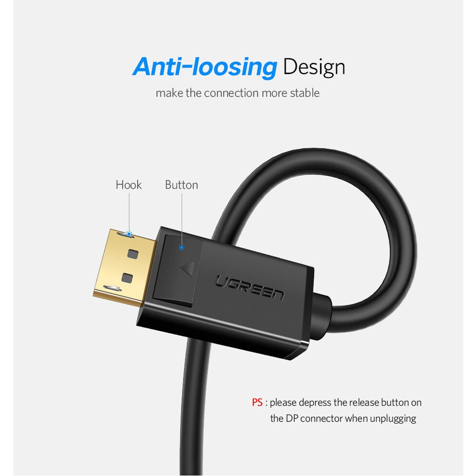 UGREEN 10244 – Cabo DisplayPort Macho para Macho 1 Metro (4K@60Hz, Alta Velocidade)
