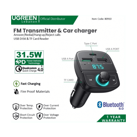 UGREEN Bluetooth Car Charger (5.0+PD+QC3.0+USB Flash Drive+TF) - Preto