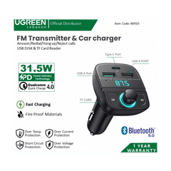 UGREEN Bluetooth Car Charger (5.0+PD+QC3.0+USB Flash Drive+TF) - Preto