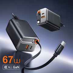 WiWU Wi‑G020 67 W GaN Charger with Retractable Type‑C & Dual USB‑C/A