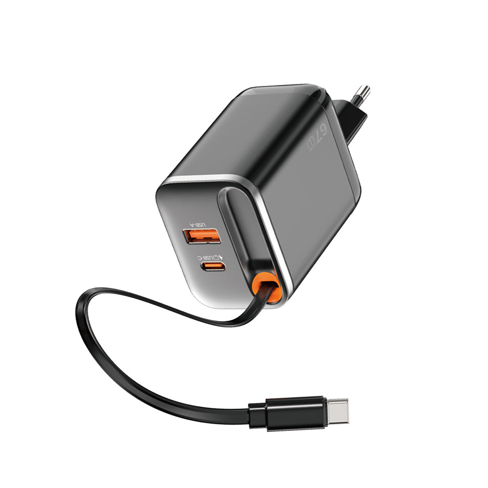 WiWU Wi‑G020 67 W GaN Charger with Retractable Type‑C & Dual USB‑C/A