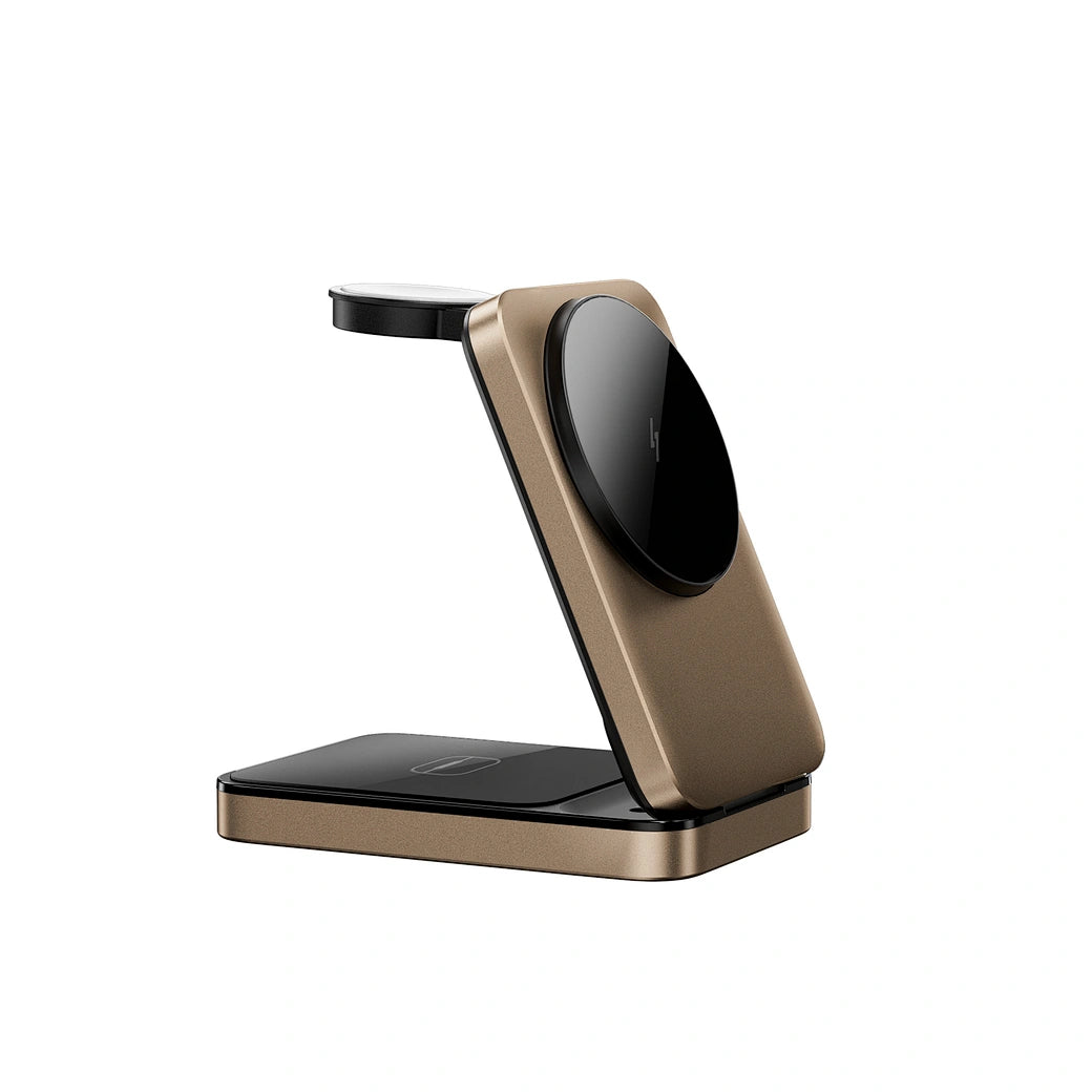 Carregador Sem Fios 3-em-1 WiWU Wi-W038 Triple Magnetic | Estação de Carga em Liga de Alumínio e Vidro Temperado para iPhone (MagSafe), Apple Watch e AirPods