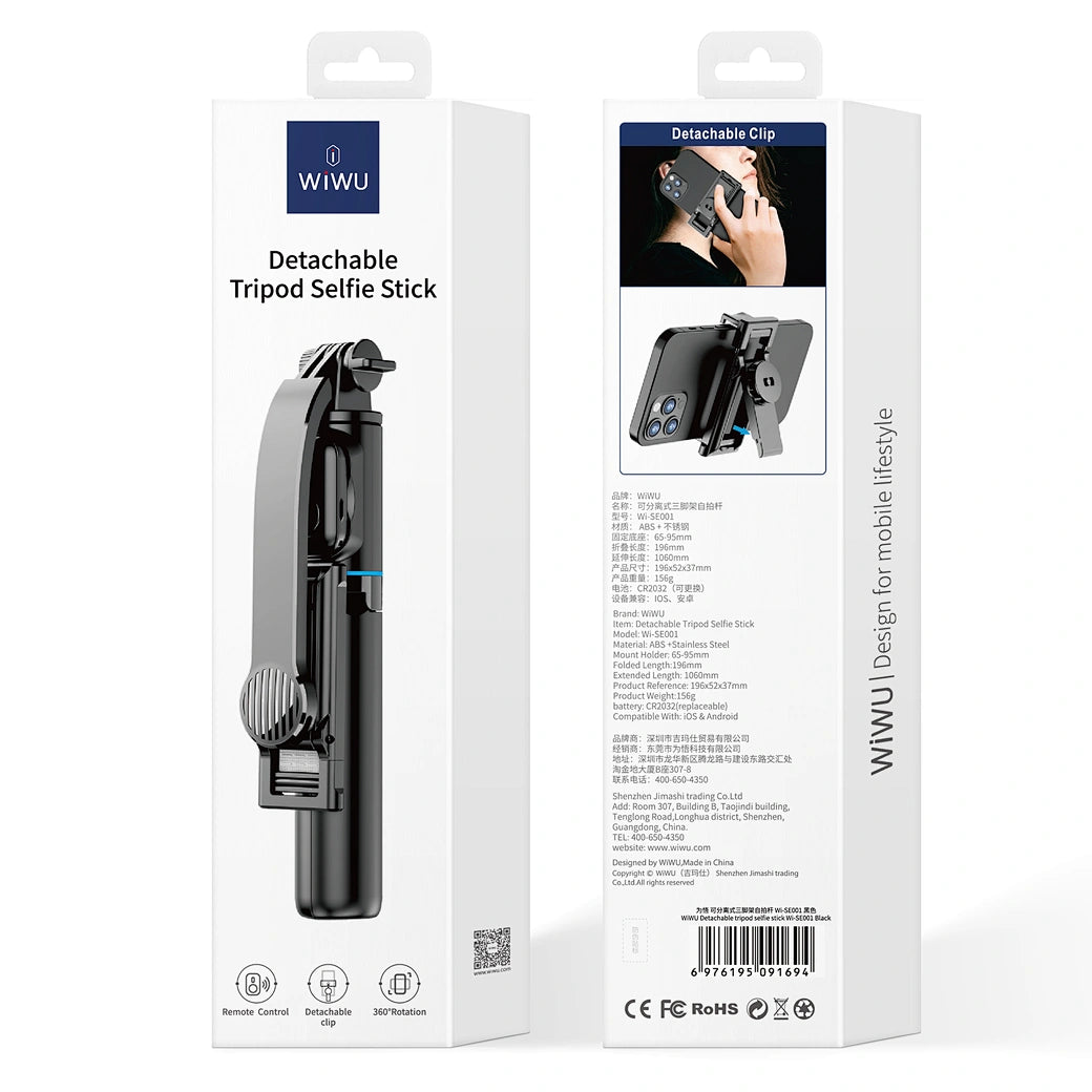 Bastão de Selfie e Tripé Inteligente WiWU (Wi-SE001) | Suporte Destacável com Rotação 360°, Comando Bluetooth Remoto, Haste Expandível e Carga USB-C
