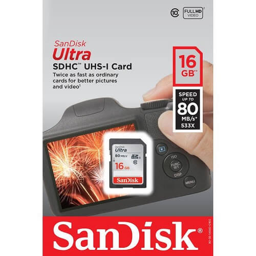 SanDisk Ultra SD Card 16GB SDHC UHS-I Classe 10 com Velocidade de Leitura de 80MB/s