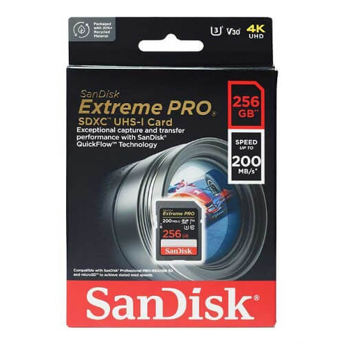 Carrinhoão de Memória SanDisk Extreme Pro 256GB 200MB/s 4K UHD