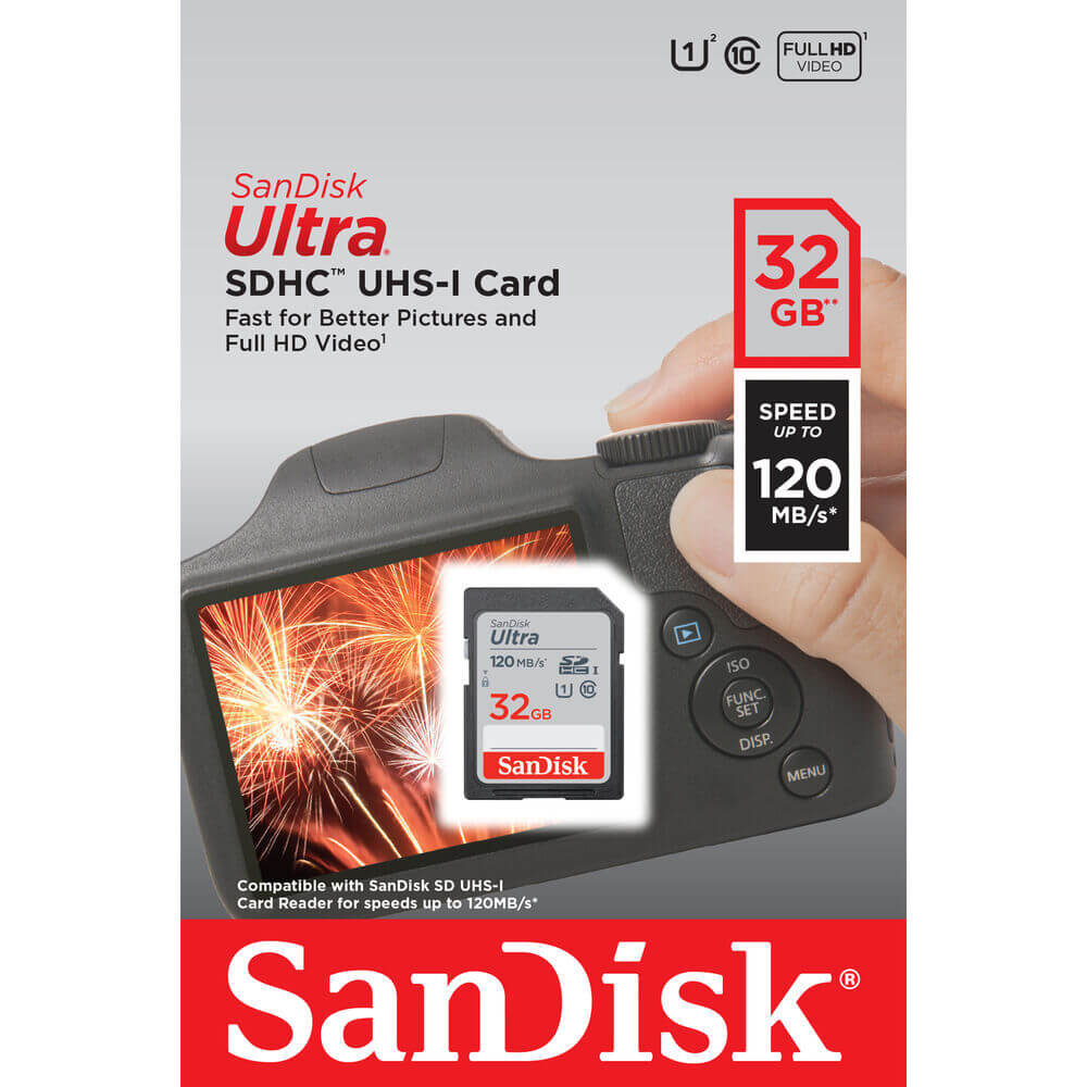 SanDisk Ultra 32GB SD Card SDXC Class 10 UHS-I com Velocidade de Leitura de 120MB/s