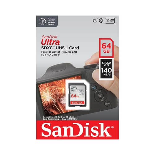 SanDisk Ultra 64GB SD Card SDXC Class 10 UHS-I com Velocidade de Leitura de 140MB/s