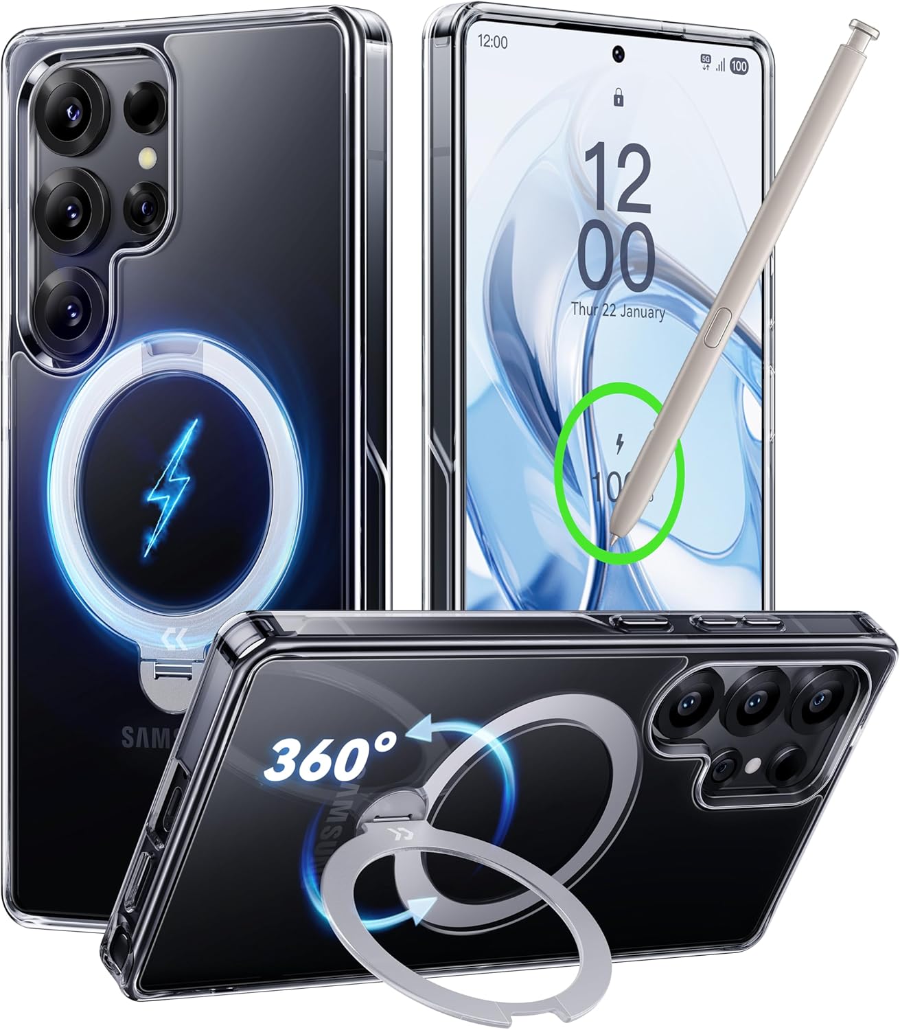 BL038 – Capa Transparente Magnética com Suporte Rotativo 360° para Samsung Galaxy S25 / S25 Ultra