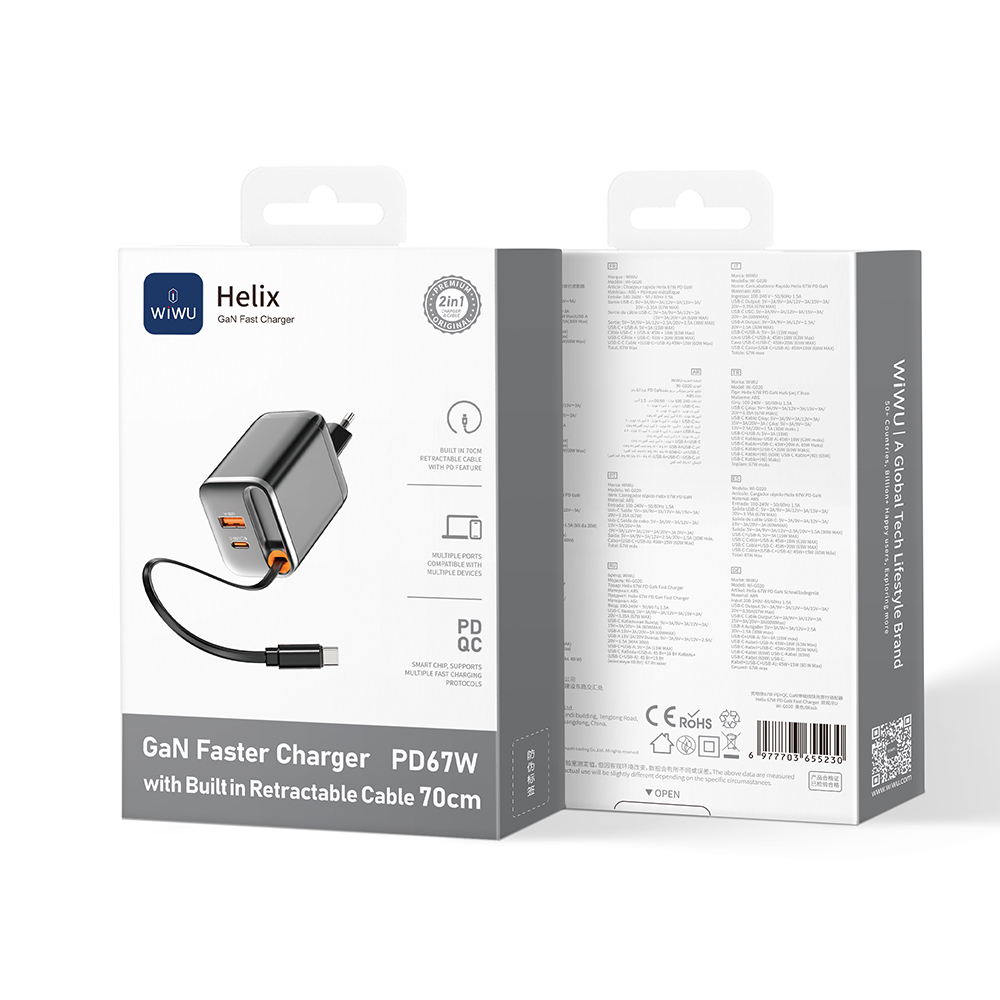 WiWU Wi‑G020 67 W GaN Charger with Retractable Type‑C & Dual USB‑C/A - Image 3