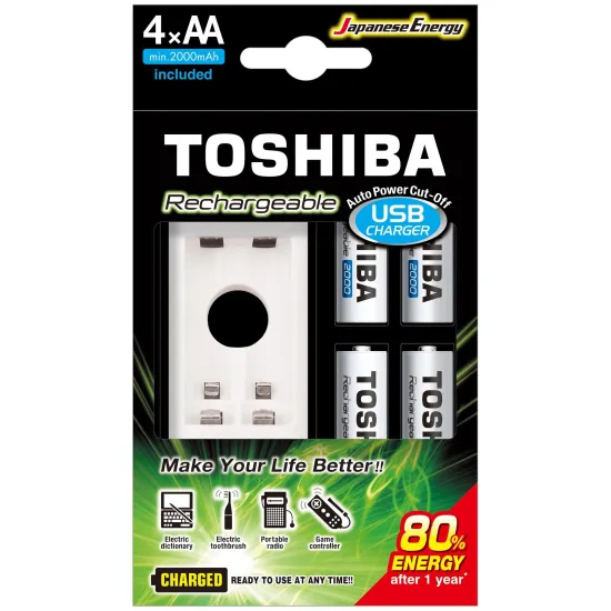 Carregador Toshiba USB para Pilhas AA/AAA TNHC-6GME4 com 4 Pilhas AA Inclusas