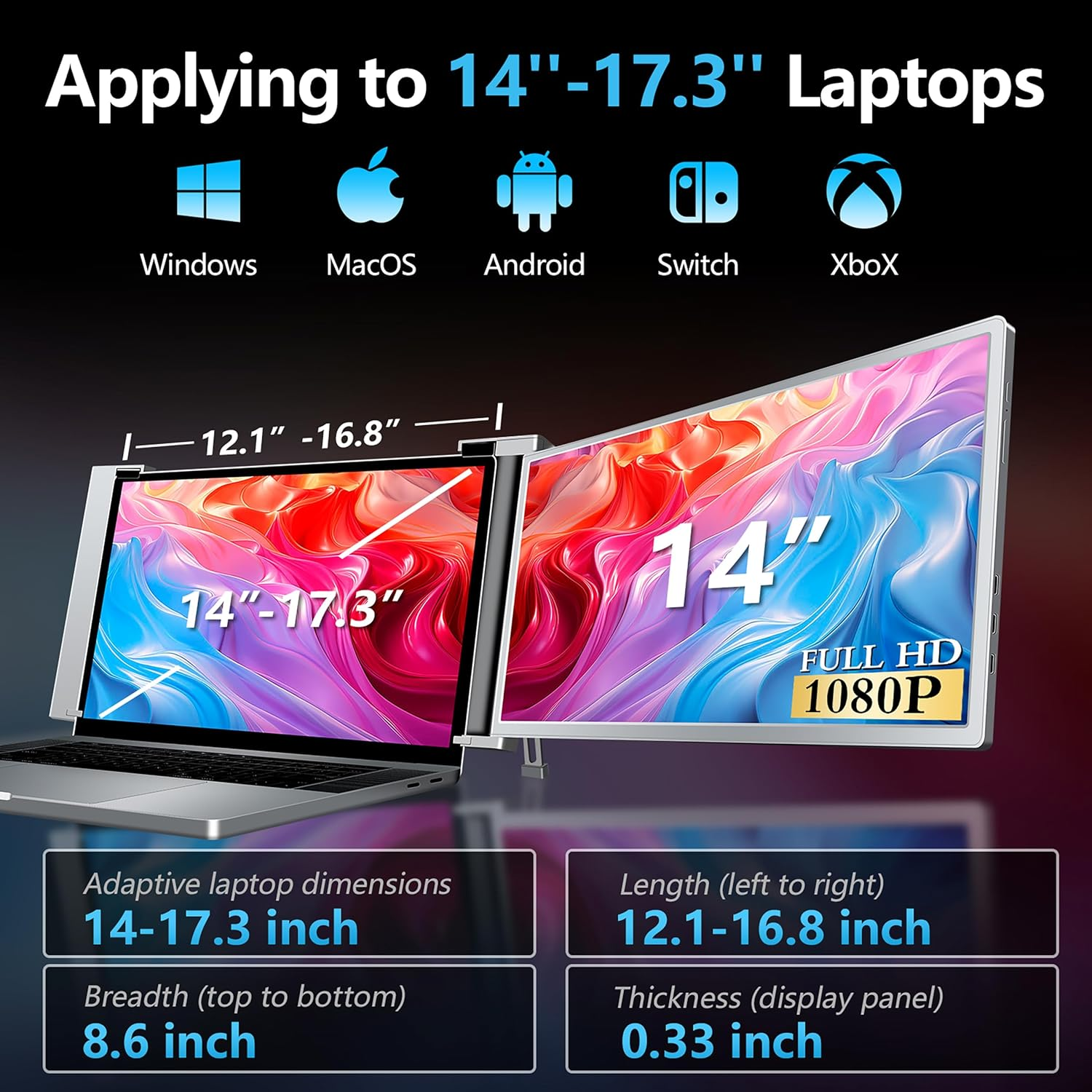 Portable Monitor – Extensor de Tela para Laptop IPS FHD 1080P – Modelos S14 (14") e S3 (15,4")