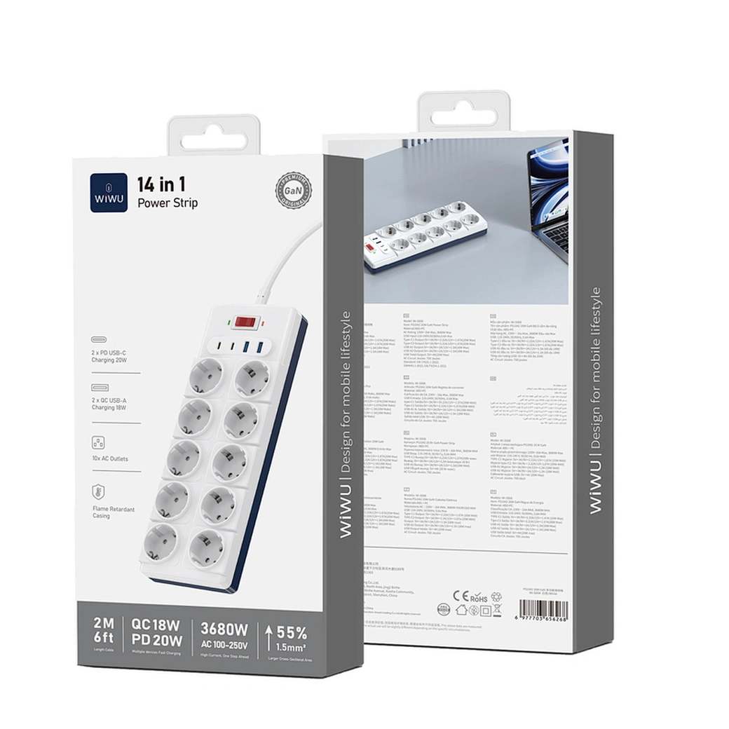 WiWU Wi-S008 PS1042 20W GaN 14-in-1 High Capacity Power Strip - Image 2