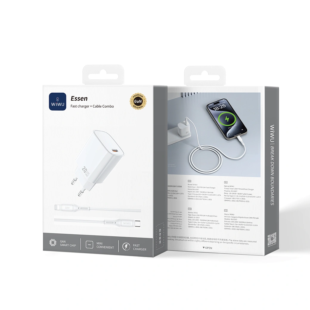 WI-G007C-L – CARREGADOR DE CELULAR Conjunto Carregador Rápido + Cabo WiWU 20W Essen GaN